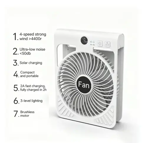 VENTILADOR SOLAR PORTÁTIL PLEGABLE MEDING F917 – 2.000 mAh | 4 VELOCIDADES CON LUZ LED — imagen 3