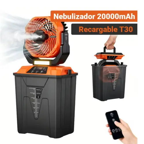 VENTILADOR RECARGABLE OEM T30 CON NEBULIZADOR 3D – 20.000 mAh | LUZ LED Y CONTROL REMOTO — imagen 1
