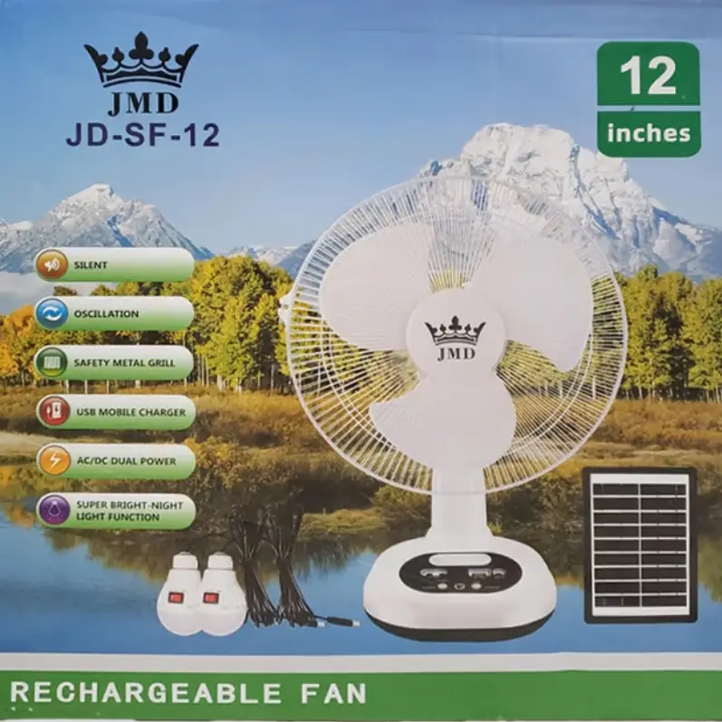 VENTILADOR RECARGABLE JMD JD-SF-12 – 12" | SOLAR Y CORRIENTE DIRECTA CON 2 FOCOS LED — imagen 2