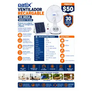 VENTILADOR RECARGABLE DE MESA PATIX FS-628 – 15W | SOLAR, LED Y CONTROL REMOTO miniatura 2